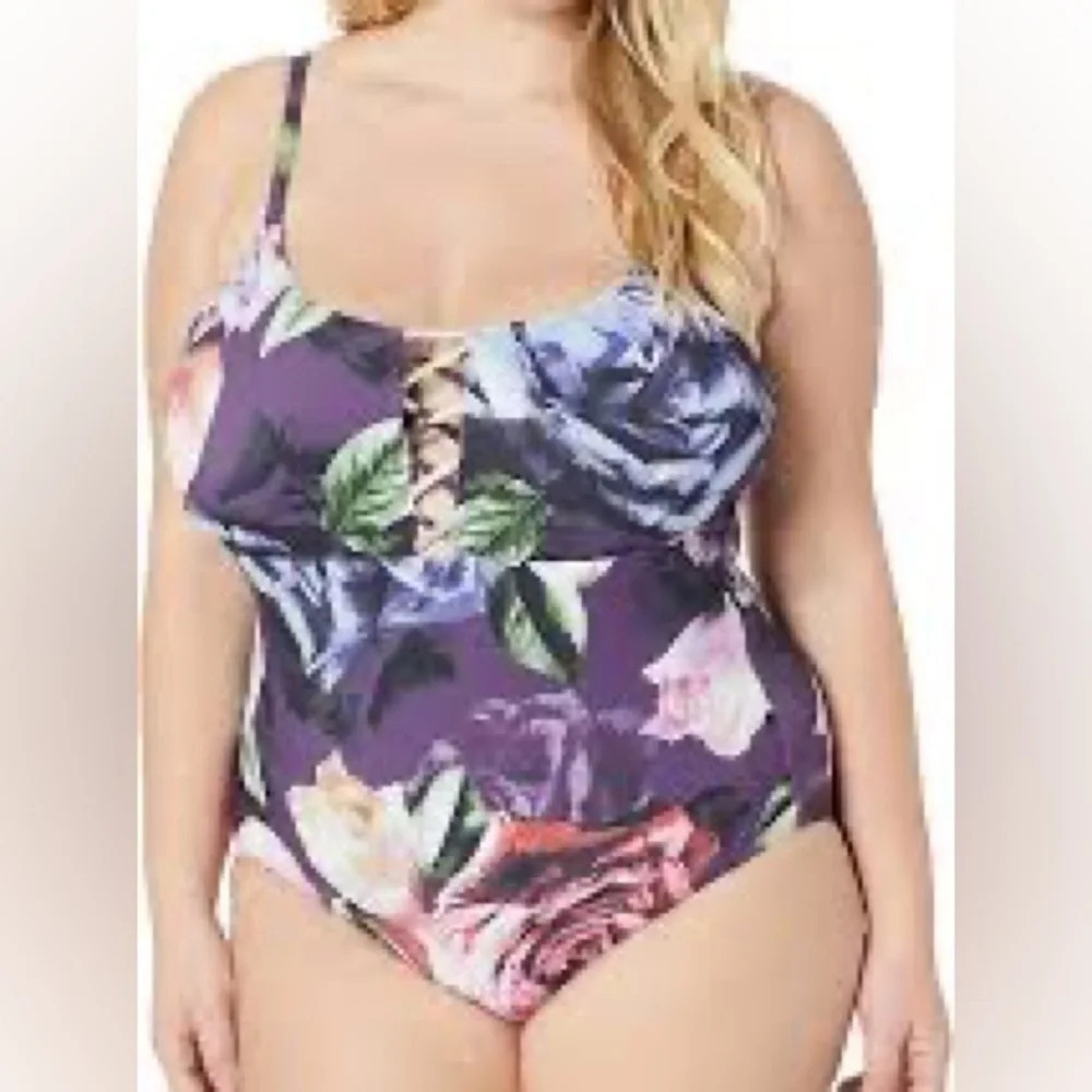 La Blanca Bloomfield Lace-Up Mio One Piece Swim Suit in Plum - Size 16W